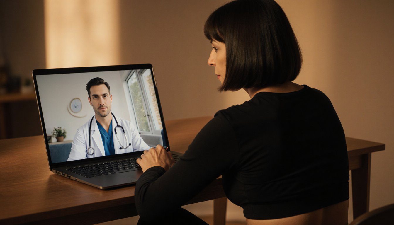 Mulher em videochamada com médico pela NYVEL