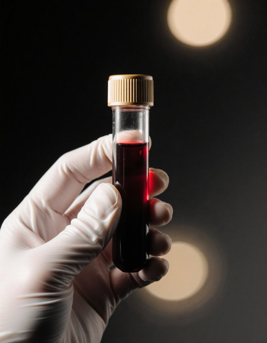 Mão com luva segurando tubo de coleta de sangue