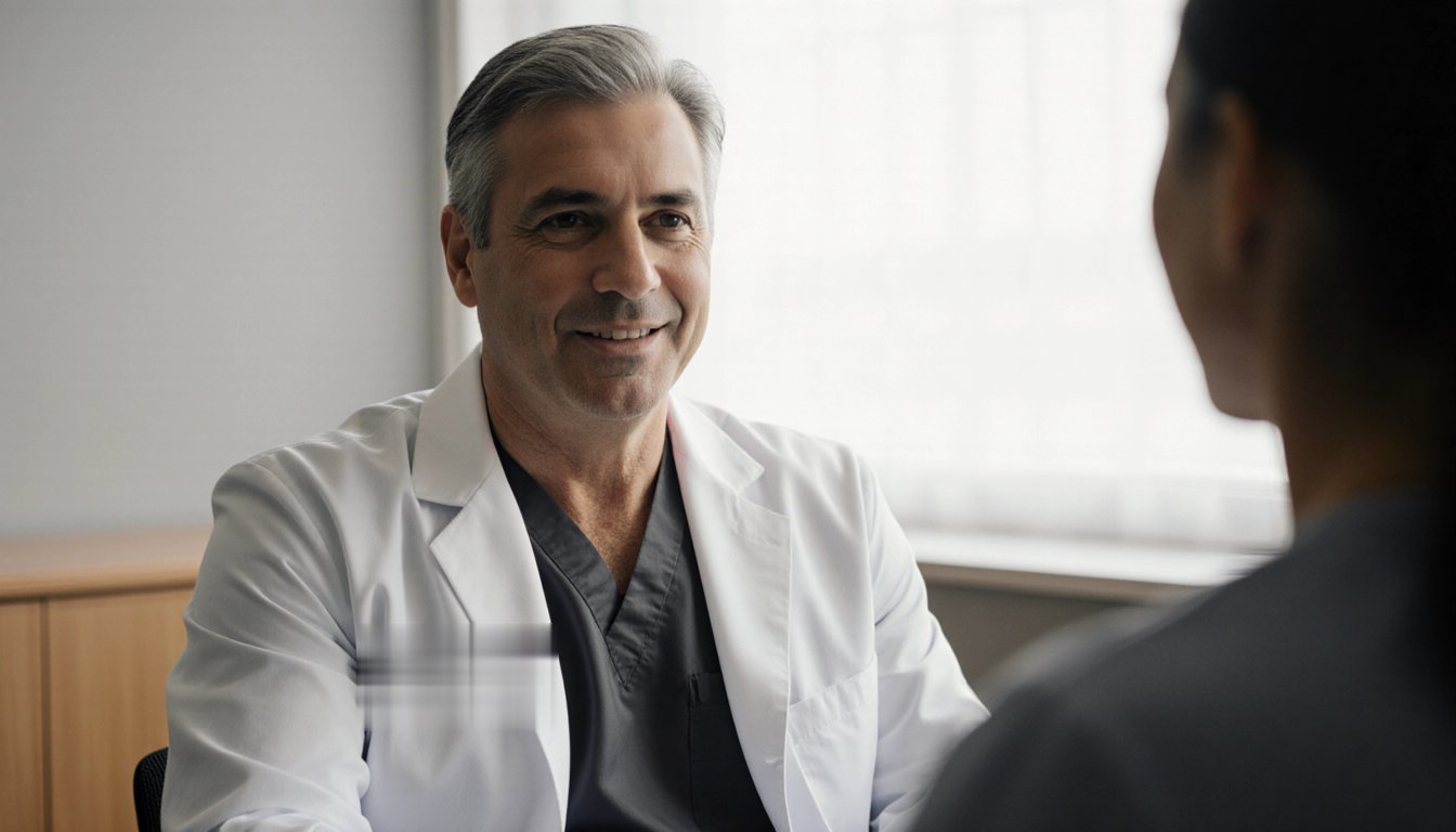 Médico em consultório contemporâneo conversando com paciente