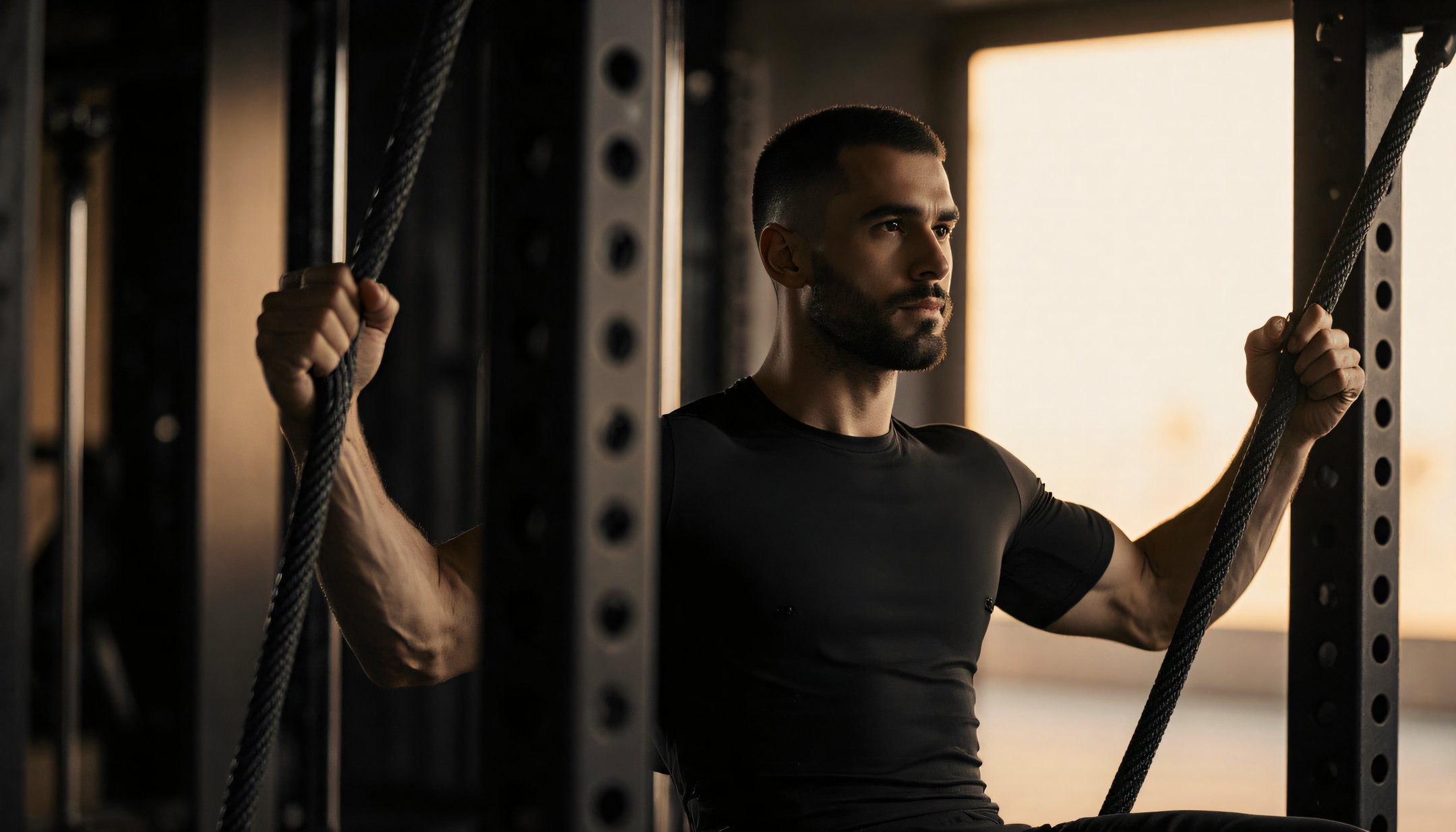 Atleta treinando em academia premium escura